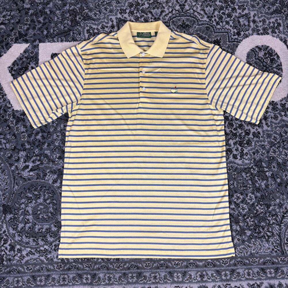 Amen Corner Masters Golf Polo Blue &‎ Yellow Striped Pima Cotton Mens Shirt Sz L